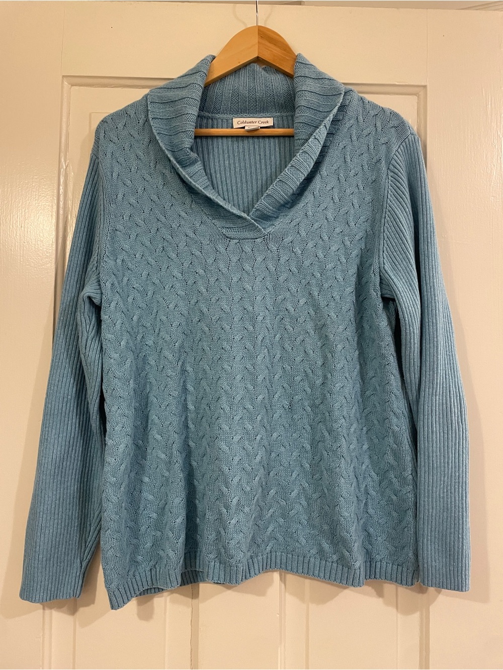 Coldwater Creek Light Blue Cable Knit Shawl Collar Sweater